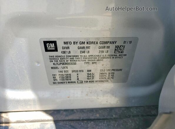 KL7CJPSB3KB839260 2019 CHEVROLET TRAX Silver 