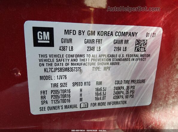 KL7CJPSB5MB357375 2021 CHEVROLET TRAX Red 