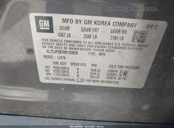 KL7CJPSB7HB120828 2017 CHEVROLET TRAX Gray 