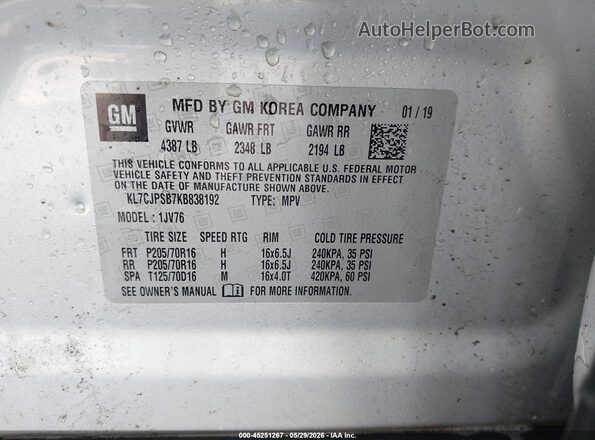 KL7CJPSB7KB838192 2019 CHEVROLET TRAX Gray Vista del compartimento del motor