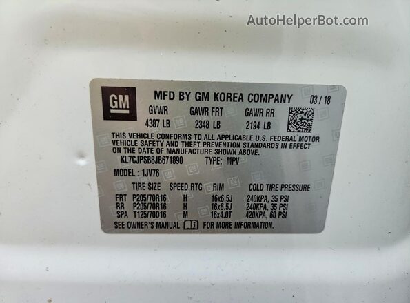 KL7CJPSB8JB671890 2018 CHEVROLET TRAX White 