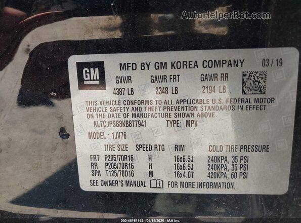 KL7CJPSB8KB877941 2019 CHEVROLET TRAX Black Engine compartment view
