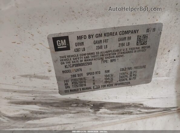 KL7CJPSB9KB922949 2019 CHEVROLET TRAX White 