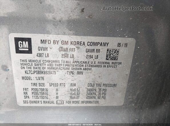 KL7CJPSB9KB928475 2019 CHEVROLET TRAX Gray 