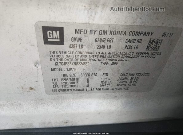 KL7CJPSBXHB224889 2017 CHEVROLET TRAX Silver Vista del compartimento del motor