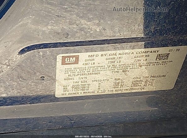KL7CJPSBXLB334608 2020 CHEVROLET TRAX Blue Вид підкапотного простору