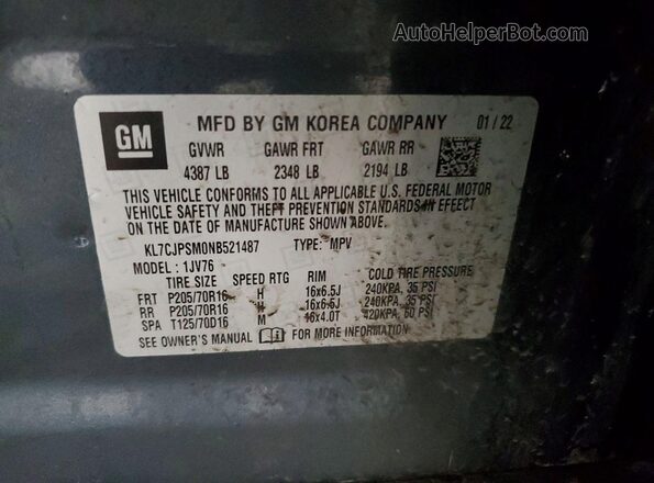 KL7CJPSM0NB521487 2022 CHEVROLET TRAX Синий 