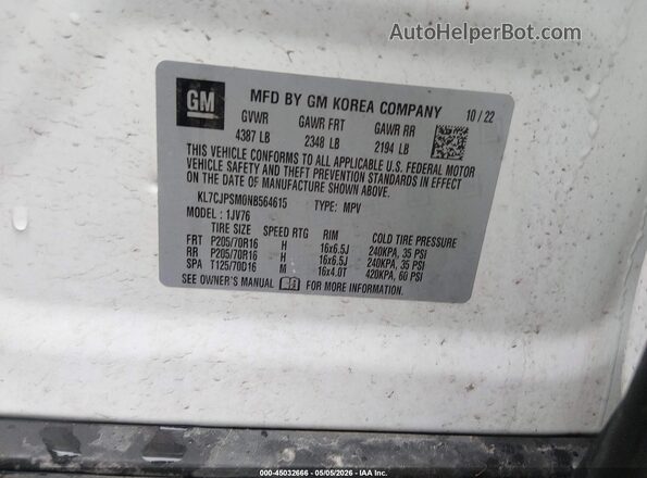 KL7CJPSM0NB564615 2022 CHEVROLET TRAX White 