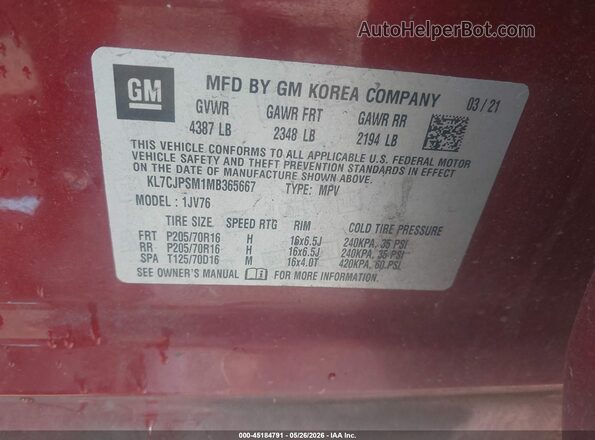 KL7CJPSM1MB365667 2021 CHEVROLET TRAX Red Շարժիչի բաժամունքի տեսք