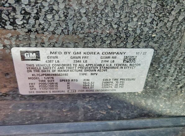 KL7CJPSM4NB563192 2022 CHEVROLET TRAX Black VIN կոդի պիտակի տեսք