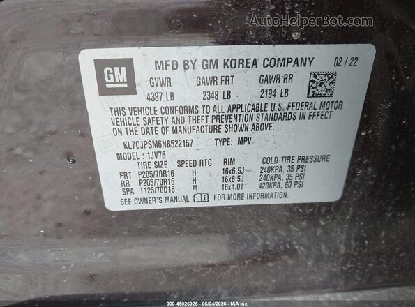 KL7CJPSM6NB522157 2022 CHEVROLET TRAX Burgundy 