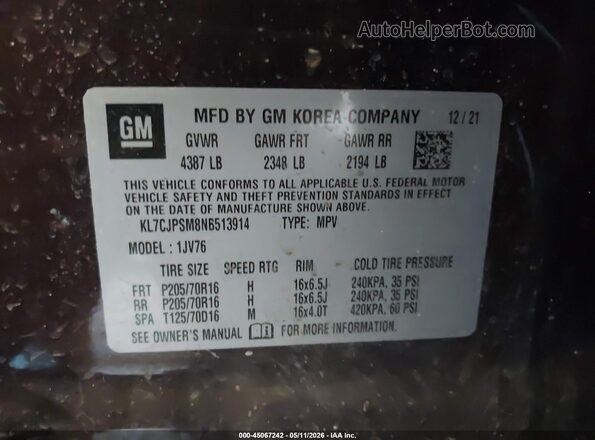 KL7CJPSM8NB513914 2022 CHEVROLET TRAX Фиолетовый Вид подкапотного пространства