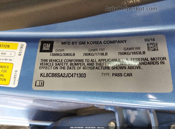 KL8CB6SA2JC471303 2018 CHEVROLET SPARK Blue Widok komory silnika