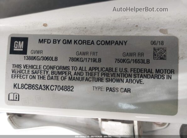 KL8CB6SA3KC704882 2019 CHEVROLET SPARK White Вид підкапотного простору