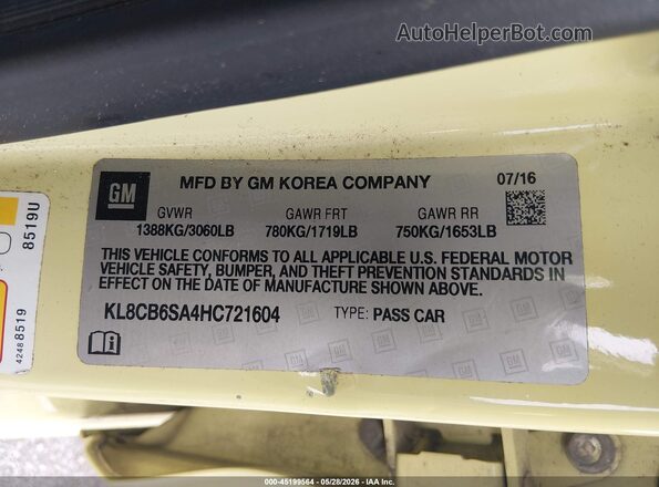 KL8CB6SA4HC721604 2017 CHEVROLET SPARK Yellow Engine compartment view