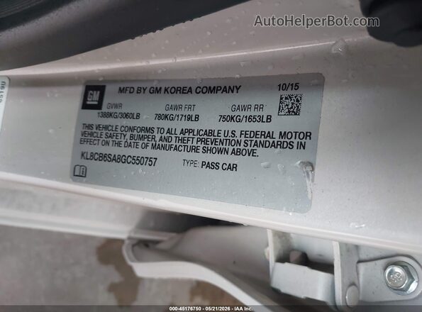 KL8CB6SA8GC550757 2016 CHEVROLET SPARK White ძრავის განყოფილების ხედი