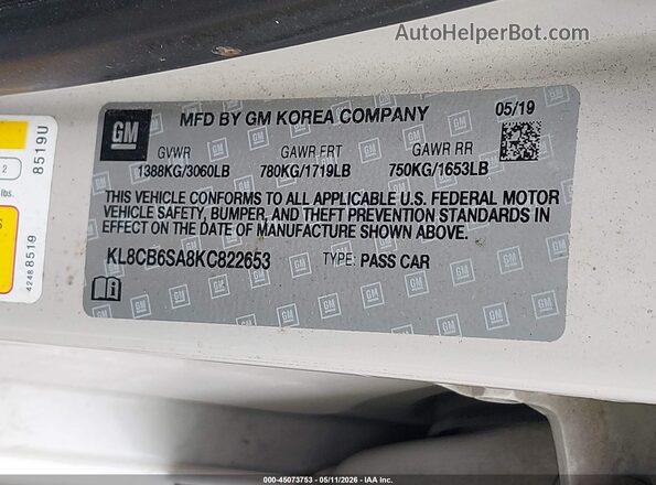 KL8CB6SA8KC822653 2019 CHEVROLET SPARK Cream Вид підкапотного простору
