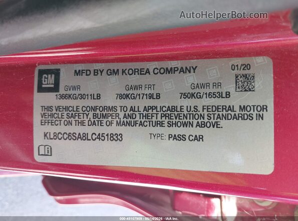 KL8CC6SA8LC451833 2020 CHEVROLET SPARK Red Vista del compartimento del motor