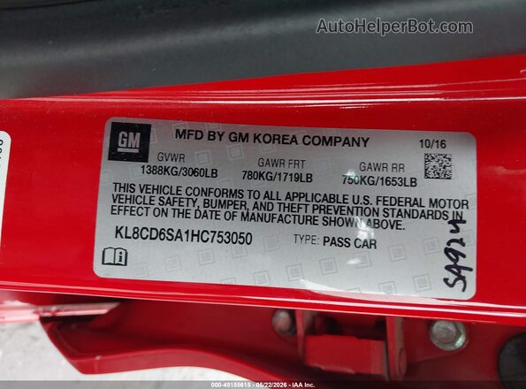 KL8CD6SA1HC753050 2017 CHEVROLET SPARK Red Engine compartment view