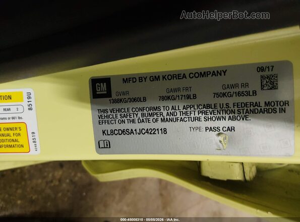 KL8CD6SA1JC422118 2018 CHEVROLET SPARK Yellow Engine compartment view