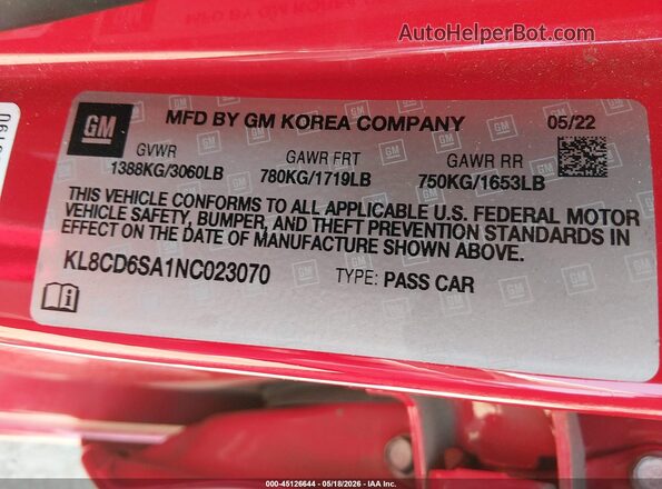 KL8CD6SA1NC023070 2022 CHEVROLET SPARK Red Շարժիչի բաժամունքի տեսք