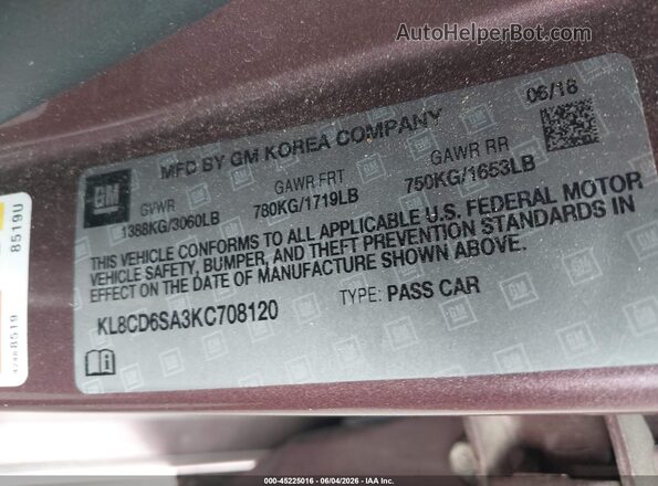 KL8CD6SA3KC708120 2019 CHEVROLET SPARK Burgundy ძრავის განყოფილების ხედი
