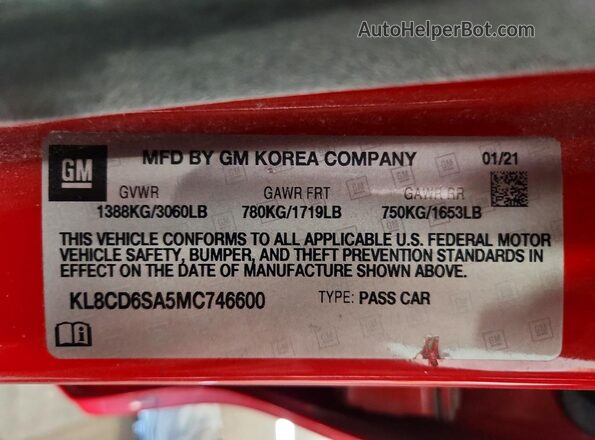 KL8CD6SA5MC746600 2021 CHEVROLET SPARK Red 