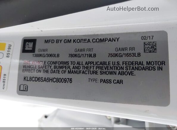 KL8CD6SA6HC800976 2017 CHEVROLET SPARK White Engine compartment view