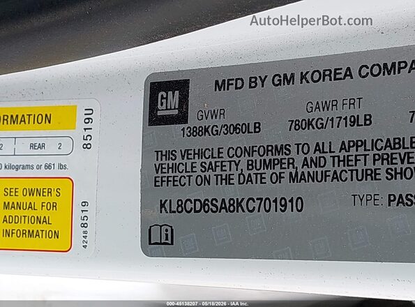 KL8CD6SA8KC701910 2019 CHEVROLET SPARK White Vista del compartimento del motor