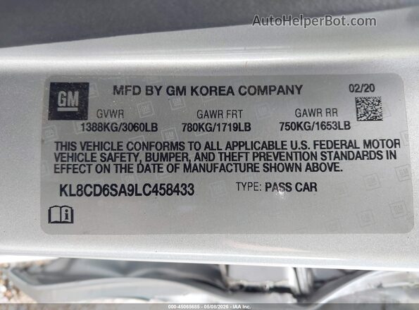 KL8CD6SA9LC458433 2020 CHEVROLET SPARK Silver 