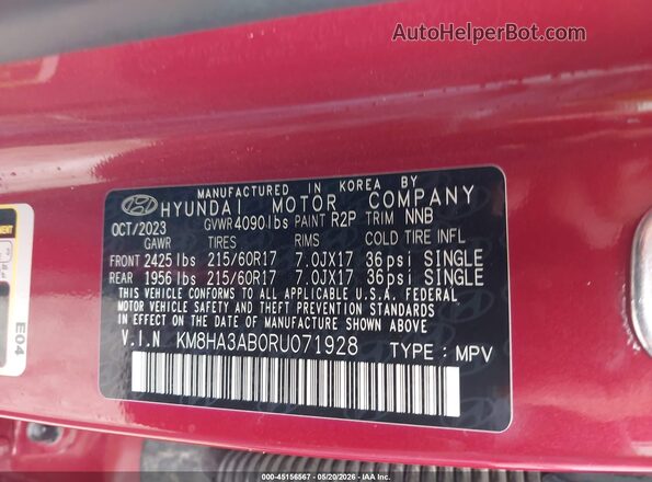 KM8HA3AB0RU071928 2024 HYUNDAI KONA Red Вид підкапотного простору