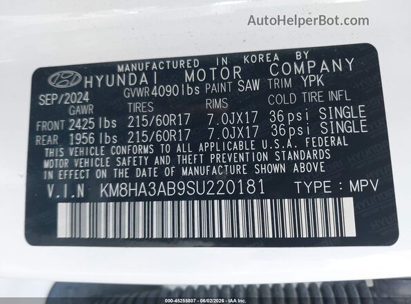 KM8HA3AB9SU220181 2025 HYUNDAI KONA White Vista del compartimento del motor