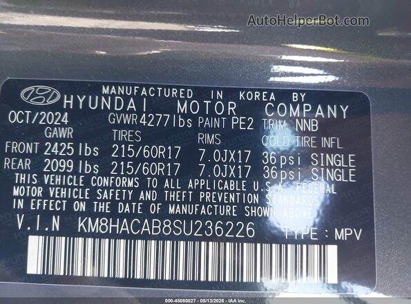 KM8HACAB8SU236226 2025 HYUNDAI KONA Gray Շարժիչի բաժամունքի տեսք