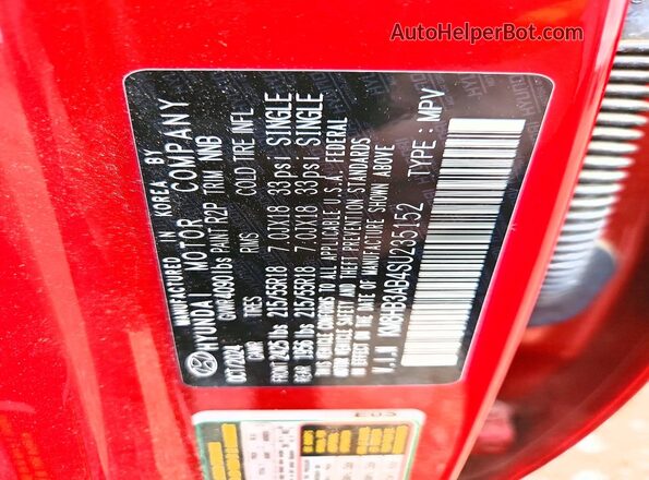 KM8HB3AB4SU235152 2025 HYUNDAI KONA Red VIN კოდის სტიკერის ხედი