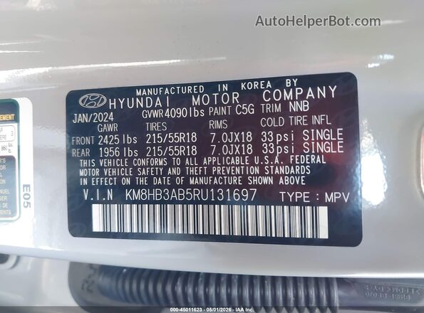 KM8HB3AB5RU131697 2024 HYUNDAI KONA Gray 