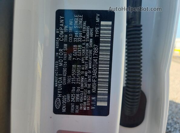 KM8HF3AB0TU417887 2026 HYUNDAI KONA White Vista interior de 360 grados