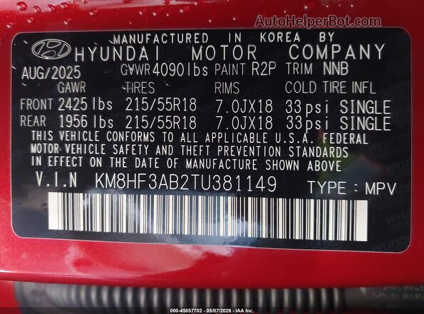 KM8HF3AB2TU381149 2026 HYUNDAI KONA Red Widok komory silnika