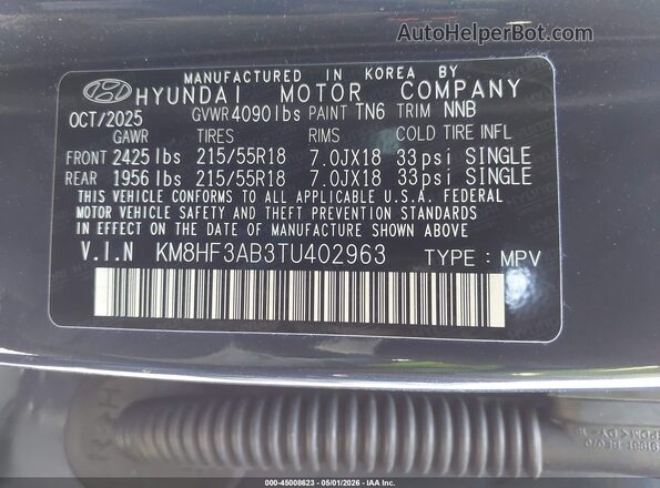 KM8HF3AB3TU402963 2026 HYUNDAI KONA Dark Blue ძრავის განყოფილების ხედი