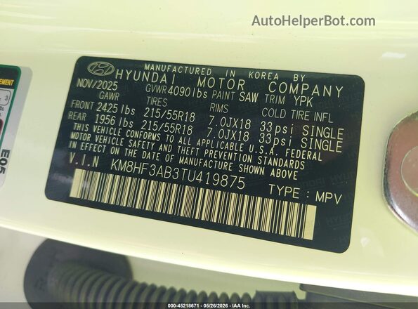 KM8HF3AB3TU419875 2026 HYUNDAI KONA White Engine compartment view