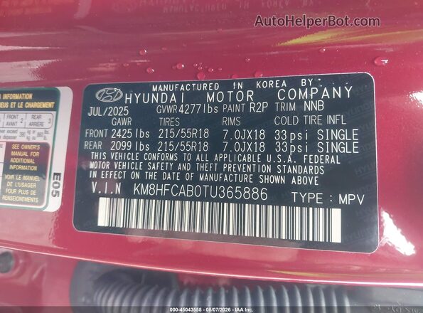 KM8HFCAB0TU365886 2026 HYUNDAI KONA Red ძრავის განყოფილების ხედი