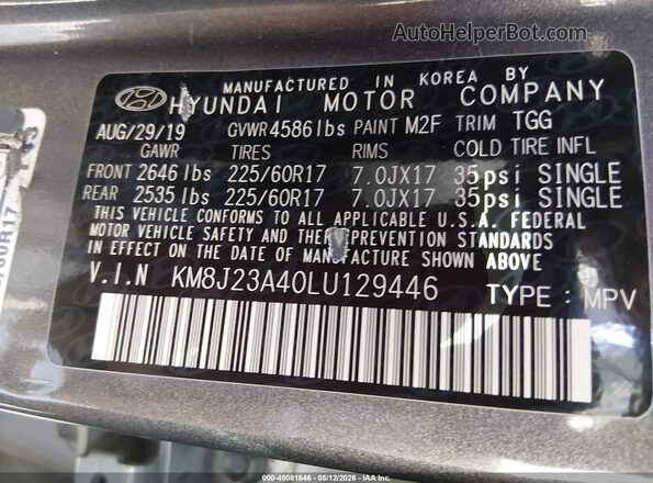 KM8J23A40LU129446 2020 HYUNDAI TUCSON Gray Engine compartment view