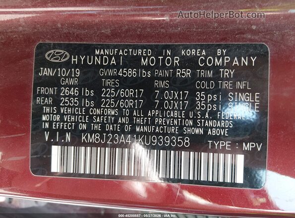 KM8J23A41KU939358 2019 HYUNDAI TUCSON Red Vista del compartimento del motor