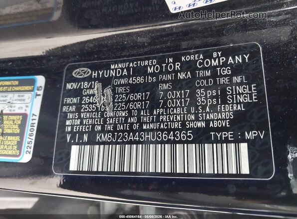 KM8J23A43HU364365 2017 HYUNDAI TUCSON Black Շարժիչի բաժամունքի տեսք