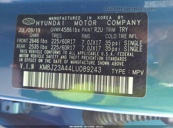 KM8J23A44LU089243 2020 HYUNDAI TUCSON Blue 