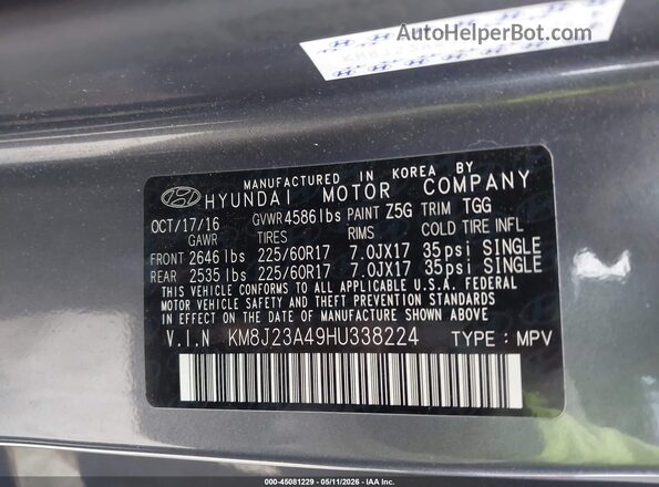 KM8J23A49HU338224 2017 HYUNDAI TUCSON Gray Widok komory silnika