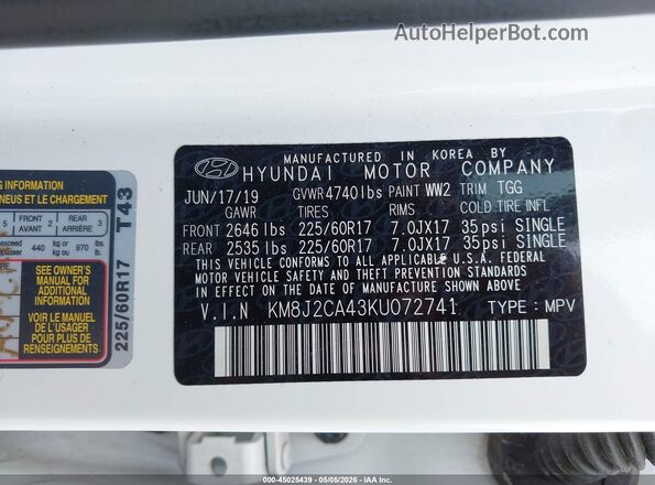 KM8J2CA43KU072741 2019 HYUNDAI TUCSON White 