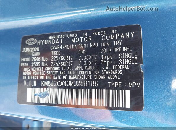 KM8J2CA43MU288186 2021 HYUNDAI TUCSON Blue Widok komory silnika