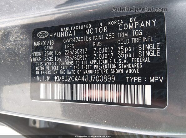 KM8J2CA44JU700899 2018 HYUNDAI TUCSON Blue Vista del compartimento del motor