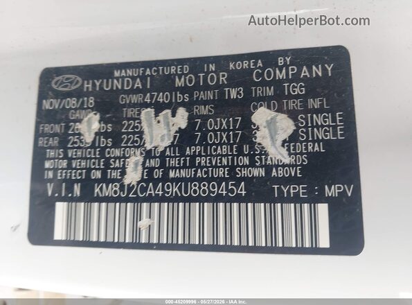 KM8J2CA49KU889454 2019 HYUNDAI TUCSON Белый Вид подкапотного пространства