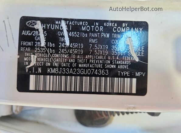KM8J33A23GU074363 2016 HYUNDAI TUCSON Белый 